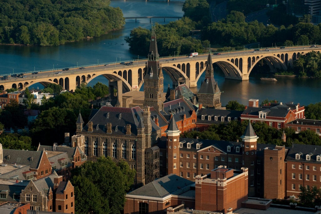 Aerial view of Georgetown University and Key Bridge